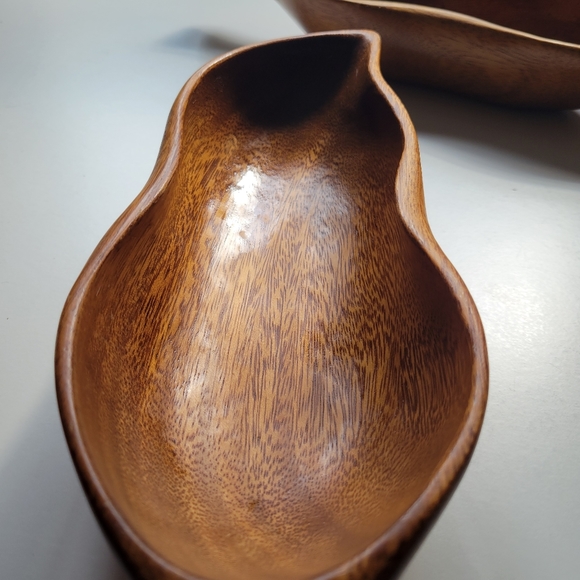 Orobilt VTG MCM Monkey Pod 12x4x2 Wood Set 2 Leaf Fruit Snack Bowl Fall Holidays - Picture 11 of 15